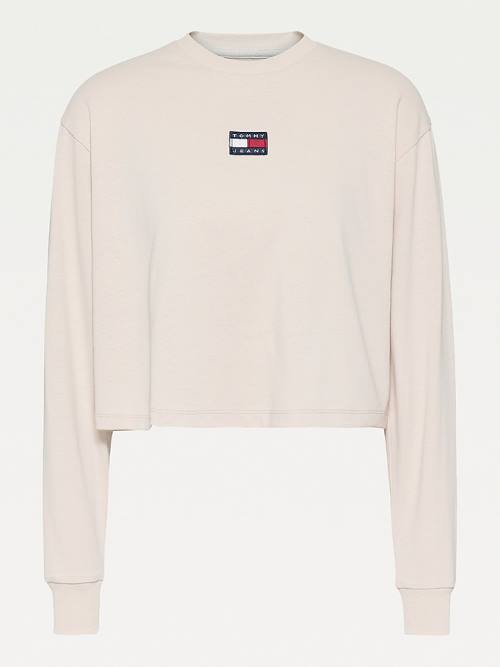 Tommy Hilfiger Tommy Badge Long Sleeve Tişört Kadın Bej Rengi | TH243OXZ