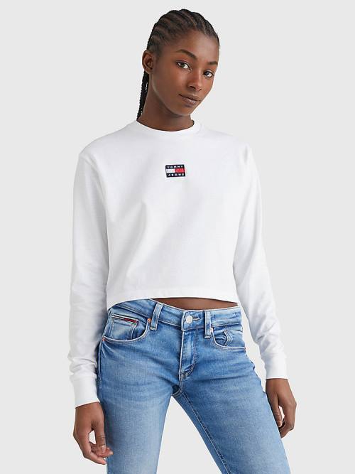 Tommy Hilfiger Tommy Badge Long Sleeve Tişört Kadın Beyaz | TH548ZHC