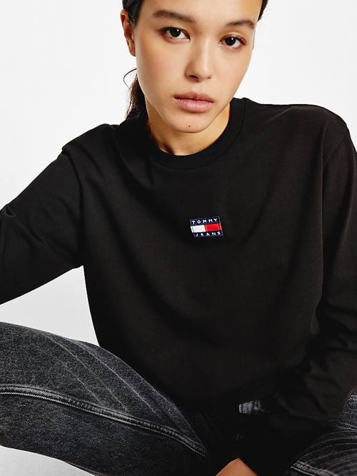 Tommy Hilfiger Tommy Badge Long Sleeve Tişört Kadın Siyah | TH957VHP