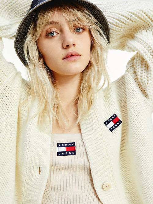 Tommy Hilfiger Tommy Badge Oversized Cardigan Kazak Kadın Beyaz | TH745TPH