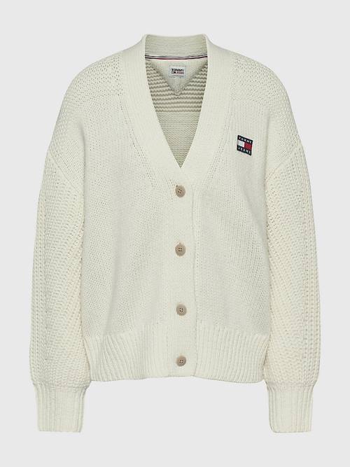 Tommy Hilfiger Tommy Badge Oversized Cardigan Kazak Kadın Beyaz | TH745TPH