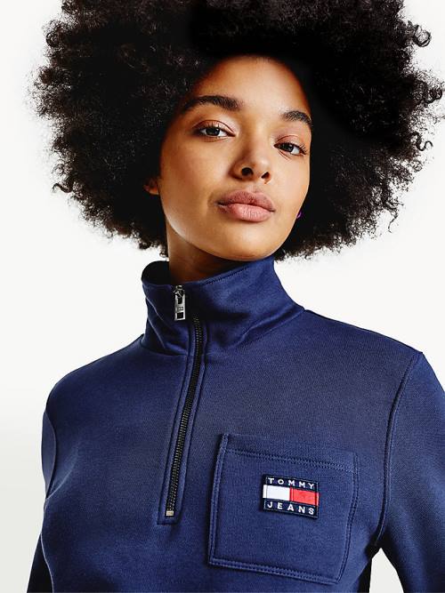 Tommy Hilfiger Tommy Badge Quarter Zip Drawstring Sweatshirt Kapüşonlu Sweatshirt Kadın Mavi | TH036AHX