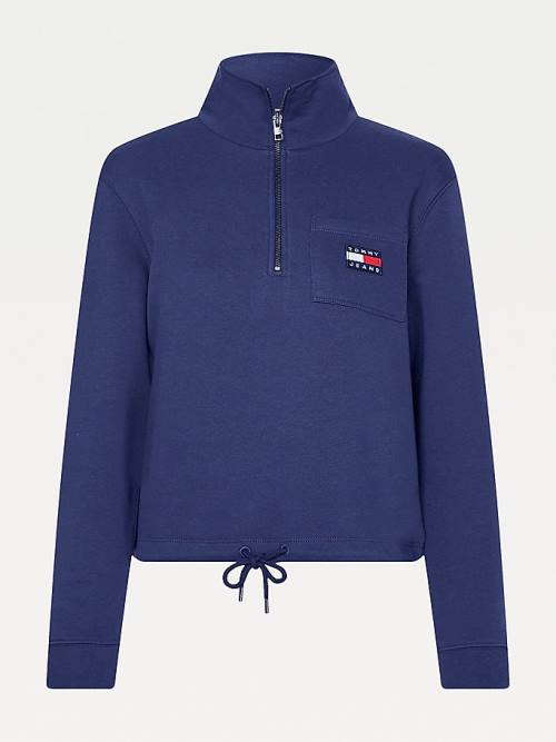 Tommy Hilfiger Tommy Badge Quarter Zip Drawstring Sweatshirt Kapüşonlu Sweatshirt Kadın Mavi | TH036AHX