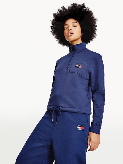 Tommy Hilfiger Tommy Badge Quarter Zip Drawstring Sweatshirt Kapüşonlu Sweatshirt Kadın Mavi | TH036AHX