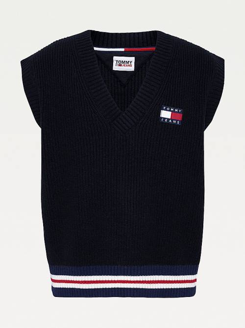 Tommy Hilfiger Tommy Badge V-Neck Jumper Vest Kazak Erkek Siyah | TH048KDN