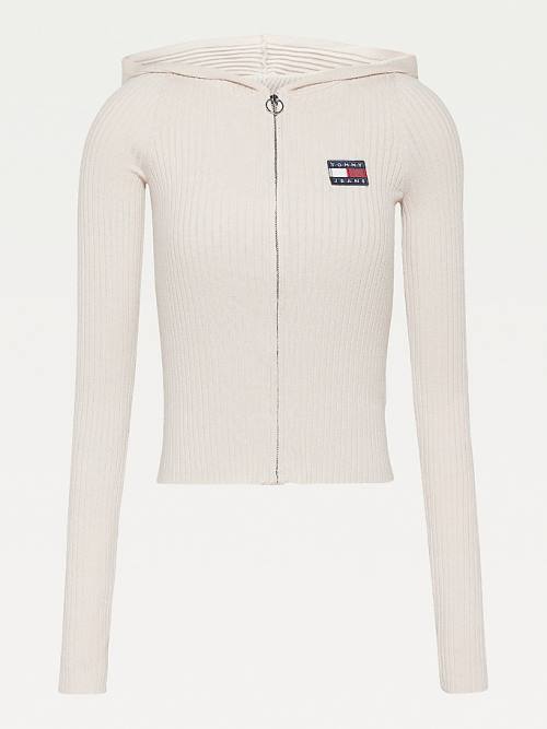 Tommy Hilfiger Tommy Badge Zip-Thru Kukuletalı Cardigan Kazak Kadın Bej Rengi | TH683QHK