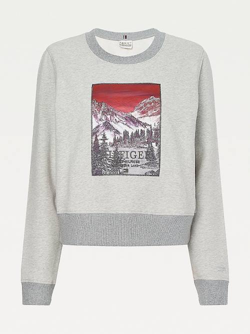 Tommy Hilfiger Tommy Icons Landscape Logo Sweatshirt Kadın Gri | TH245UTW