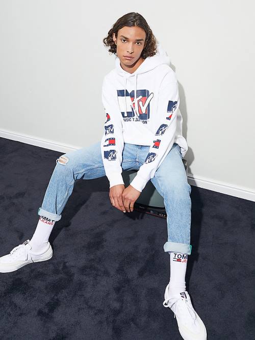 Tommy Hilfiger Tommy Jeans X MTV Kapüşonlu Sweatshirt Erkek Beyaz | TH908NRH