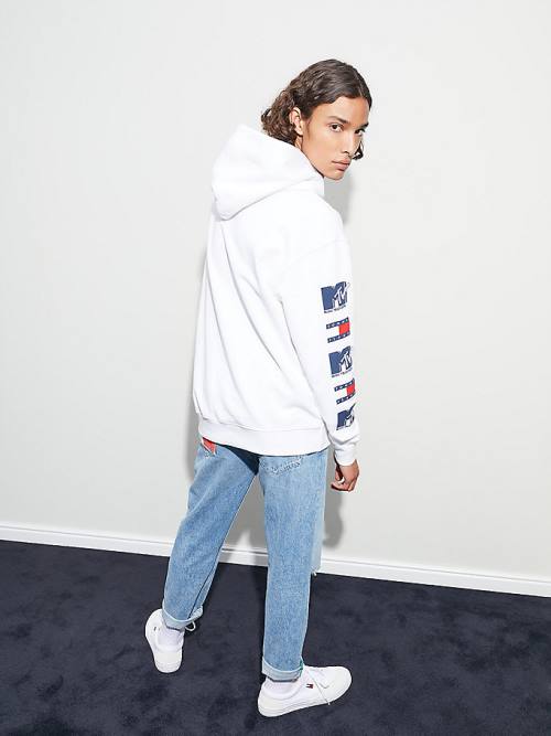 Tommy Hilfiger Tommy Jeans X MTV Kapüşonlu Sweatshirt Erkek Beyaz | TH908NRH