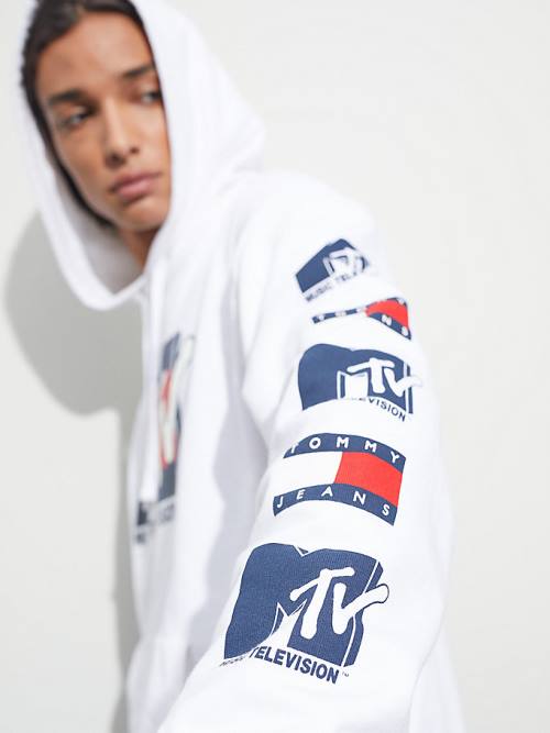 Tommy Hilfiger Tommy Jeans X MTV Kapüşonlu Sweatshirt Erkek Beyaz | TH908NRH