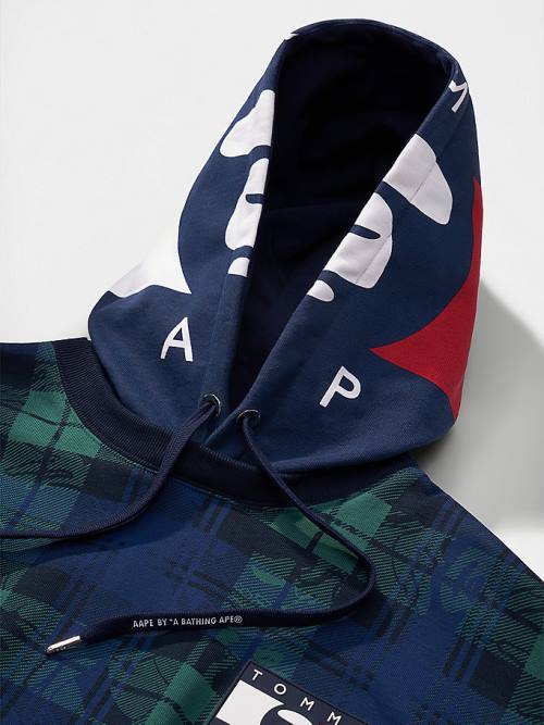 Tommy Hilfiger Tommy X AAPE Plaid Kapüşonlu Sweatshirt Erkek Mavi | TH608TBK