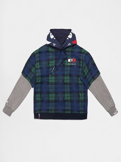 Tommy Hilfiger Tommy X AAPE Plaid Kapüşonlu Sweatshirt Erkek Mavi | TH608TBK