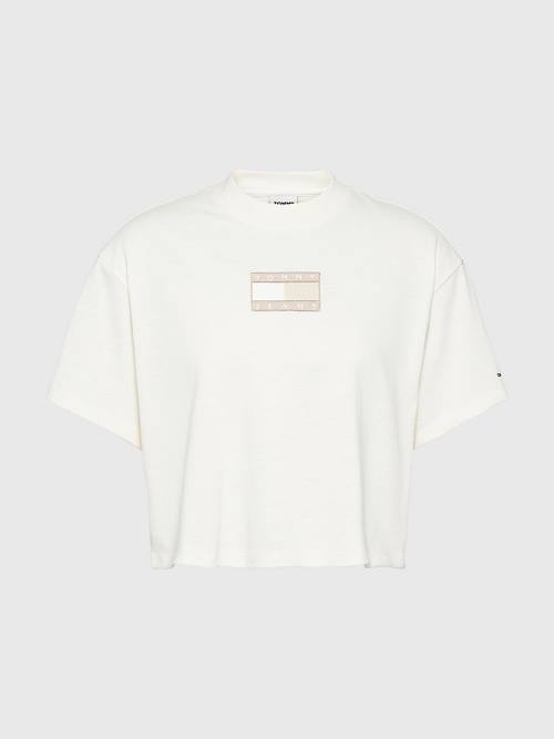 Tommy Hilfiger Tonal Logo Cropped Tişört Kadın Beyaz | TH256LAI