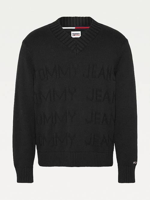 Tommy Hilfiger Tonal Logo V-Neck Jumper Kazak Erkek Siyah | TH573EKF