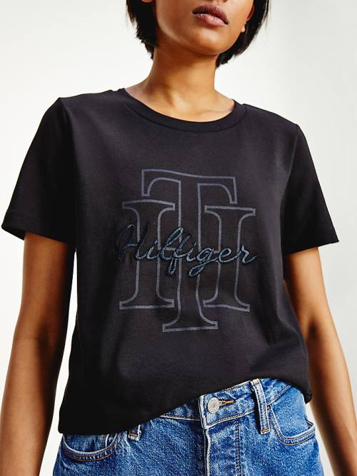 Tommy Hilfiger Tonal Script Logo Organic Pamuklu Tişört Kadın Siyah | TH378YGW