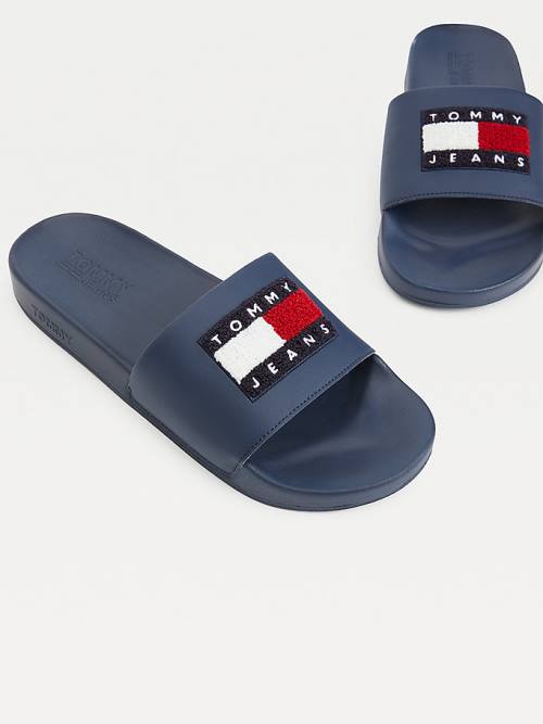 Tommy Hilfiger Towelling Tommy Badge Pool Slides Sandalet Erkek Mavi | TH640CXF