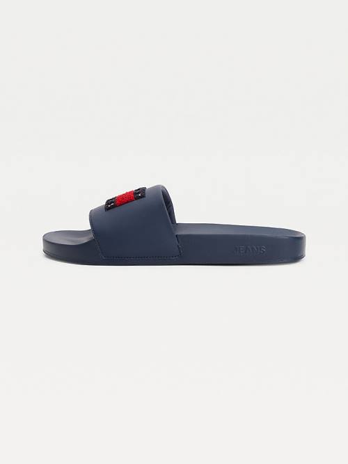 Tommy Hilfiger Towelling Tommy Badge Pool Slides Sandalet Erkek Mavi | TH640CXF