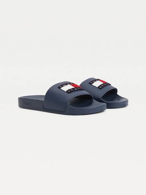 Tommy Hilfiger Towelling Tommy Badge Pool Slides Sandalet Erkek Mavi | TH640CXF