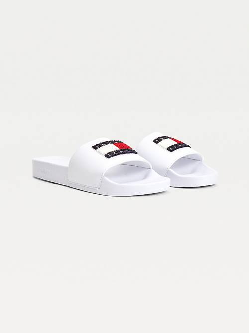 Tommy Hilfiger Towelling Tommy Badge Slides Sandalet Kadın Beyaz | TH674VCR