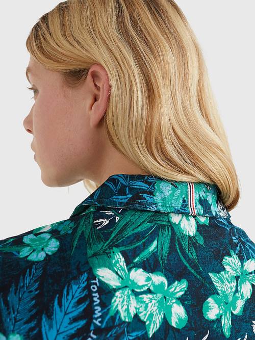 Tommy Hilfiger Tropical Print Kısa Sleeve Shirt Elbise Kadın Yeşil | TH096VXY