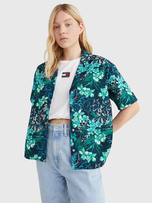 Tommy Hilfiger Tropical Print Oversized Kısa Sleeve Gömlek Kadın Yeşil | TH201GPJ