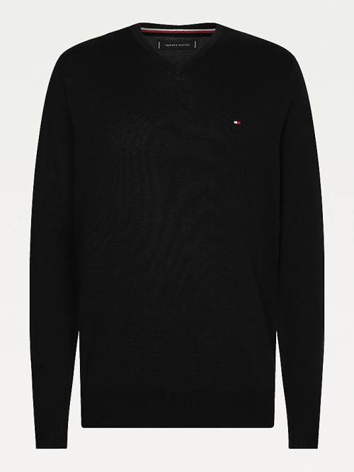 Tommy Hilfiger V-Neck Pamuklu Blend Sweatshirt Kazak Erkek Siyah | TH182BZF