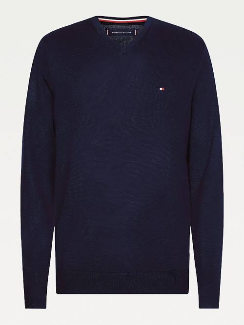 Tommy Hilfiger V-Neck Pamuklu Blend Sweatshirt Kazak Erkek Mavi | TH231MVQ