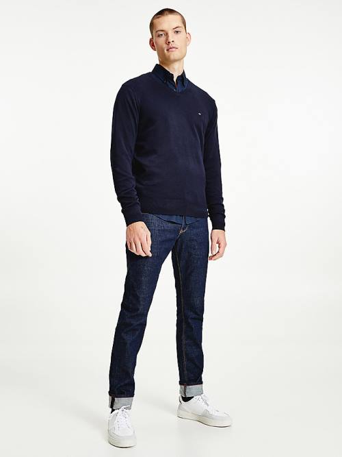 Tommy Hilfiger V-Neck Pamuklu Blend Sweatshirt Kazak Erkek Mavi | TH231MVQ