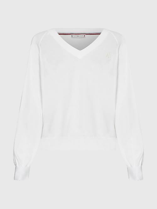 Tommy Hilfiger V-Neck Puff Sleeve Relaxed Fit Jumper Kazak Kadın Beyaz | TH759WOD