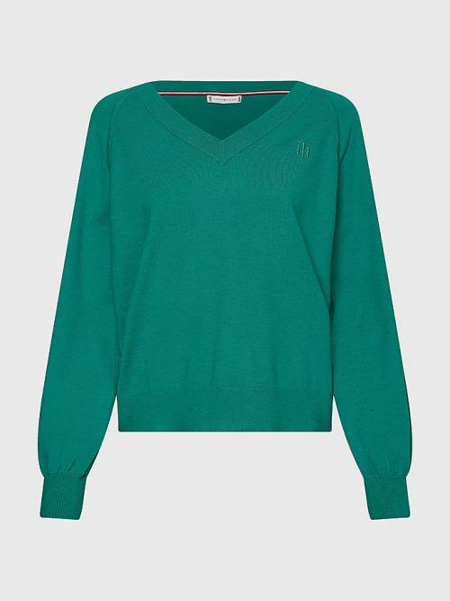 Tommy Hilfiger V-Neck Puff Sleeve Relaxed Fit Jumper Kazak Kadın Yeşil | TH894BCE