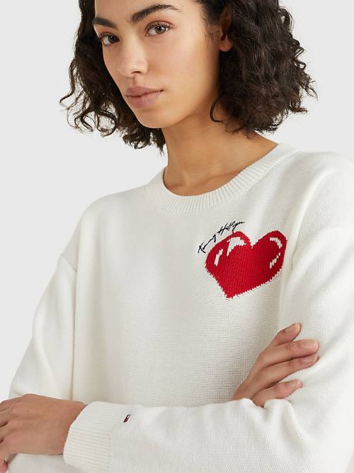 Tommy Hilfiger Valentines Heart Organic Pamuklu Jumper Kazak Kadın Beyaz | TH825QBG