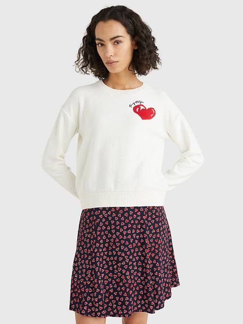 Tommy Hilfiger Valentines Heart Organic Pamuklu Jumper Kazak Kadın Beyaz | TH825QBG