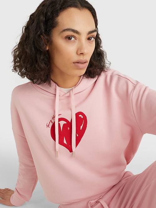 Tommy Hilfiger Valentines Heart Print Relaxed Fit Kapüşonlu Sweatshirt Kadın Pembe | TH276HMF