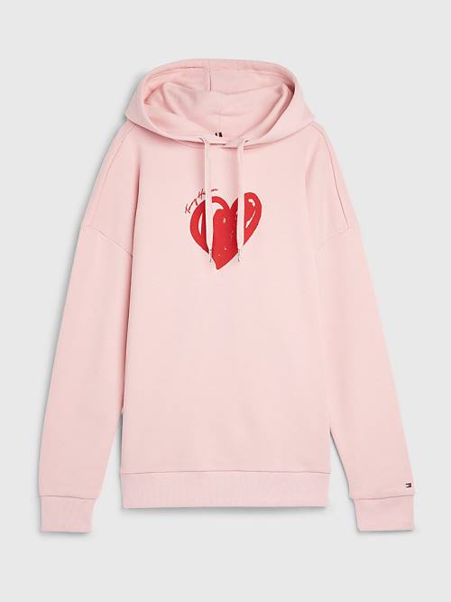 Tommy Hilfiger Valentines Heart Print Relaxed Fit Kapüşonlu Sweatshirt Kadın Pembe | TH276HMF