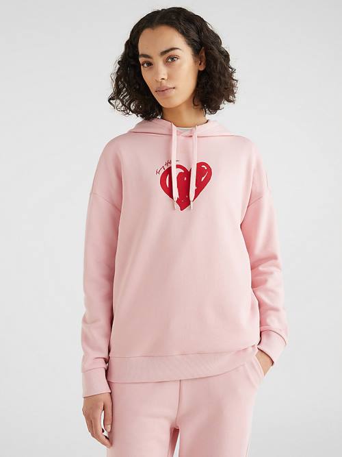 Tommy Hilfiger Valentines Heart Print Relaxed Fit Kapüşonlu Sweatshirt Kadın Pembe | TH276HMF