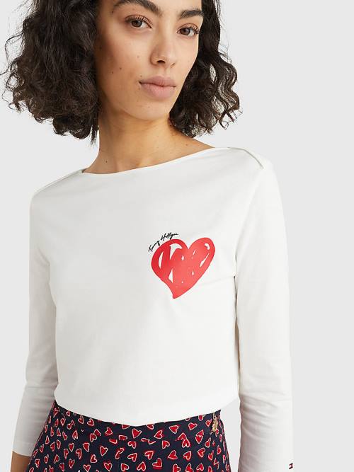 Tommy Hilfiger Valentines Heart Print Tekne Neck Tişört Kadın Beyaz | TH164XCV