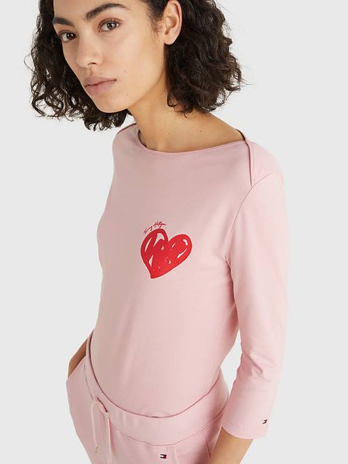 Tommy Hilfiger Valentines Heart Print Tekne Neck Tişört Kadın Pembe | TH190FBE