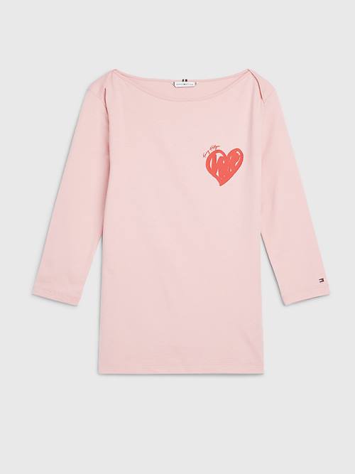 Tommy Hilfiger Valentines Heart Print Tekne Neck Tişört Kadın Pembe | TH190FBE