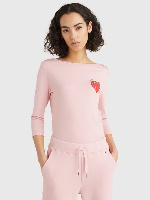 Tommy Hilfiger Valentines Heart Print Tekne Neck Tişört Kadın Pembe | TH190FBE