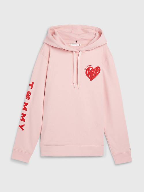 Tommy Hilfiger Valentines Heart Print Terry Kapüşonlu Sweatshirt Kadın Pembe | TH625CFI