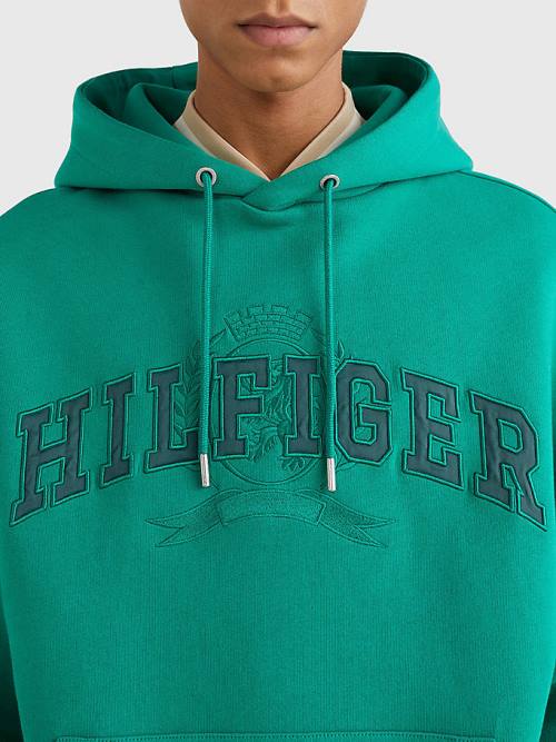 Tommy Hilfiger Varsity Crest Embroidery Kapüşonlu Sweatshirt Erkek Yeşil | TH816NVJ