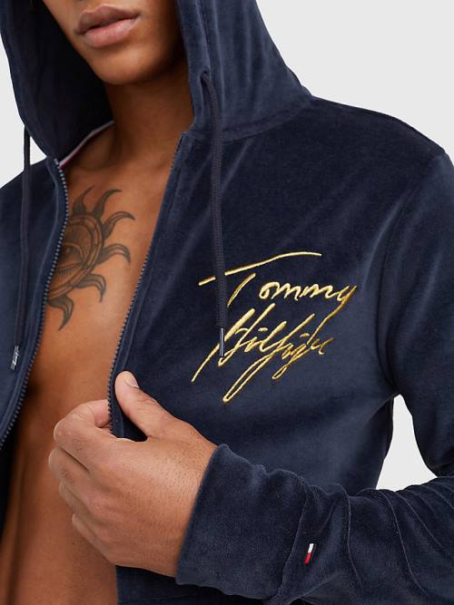 Tommy Hilfiger Velour Signature Logo Pijama Erkek Mavi | TH952CEJ