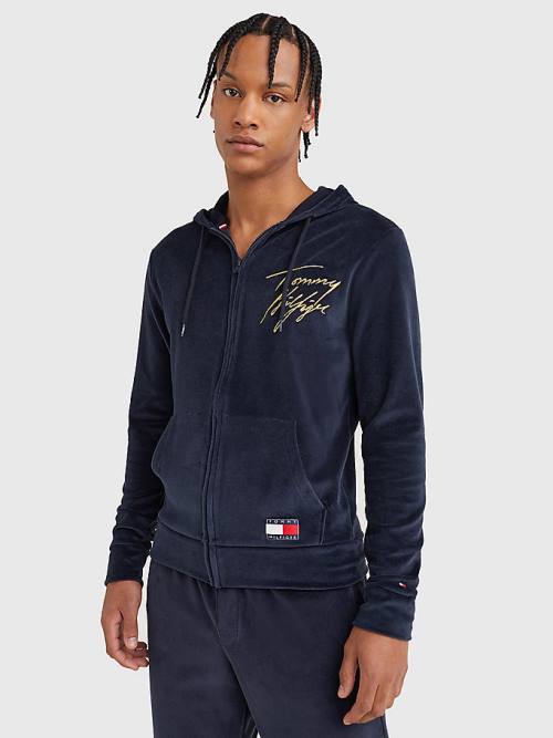 Tommy Hilfiger Velour Signature Logo Pijama Erkek Mavi | TH952CEJ