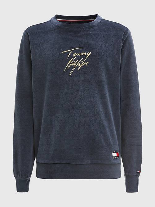 Tommy Hilfiger Velour Signature Logo Sweatshirt Pijama Erkek Mavi | TH903PXY