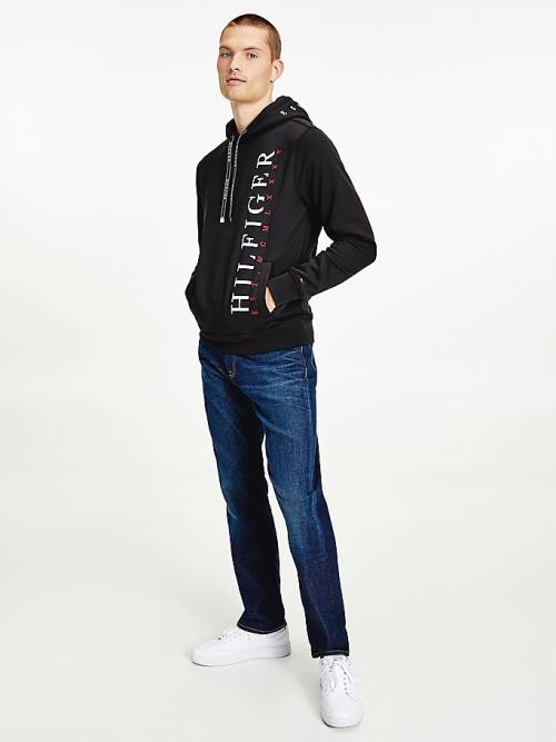 Tommy Hilfiger Vertical Logo Flex Fleece Kapüşonlu Sweatshirt Erkek Siyah | TH134OZU