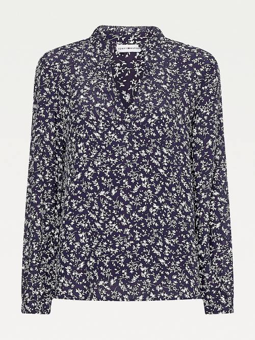 Tommy Hilfiger Viscose Floral Regular Fit V-Neck Bluz Kadın Mavi | TH694UIQ