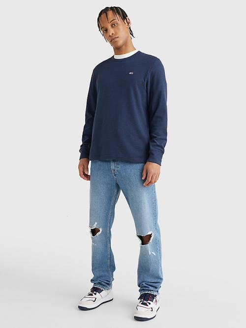 Tommy Hilfiger Waffle Crew Neck Long Sleeve Top Tişört Erkek Mavi | TH825NWD