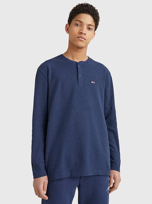 Tommy Hilfiger Waffle Henley Neck Long Sleeve Top Tişört Erkek Mavi | TH745EKN