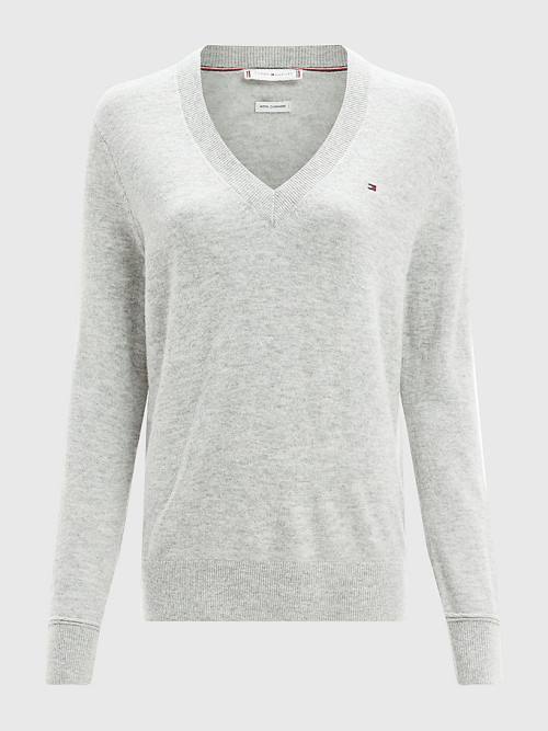 Tommy Hilfiger Wool Cashmere V-Neck Jumper Kazak Kadın Gri | TH583HID