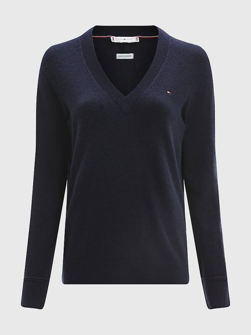 Tommy Hilfiger Wool Cashmere V-Neck Jumper Kazak Kadın Mavi | TH982MTZ